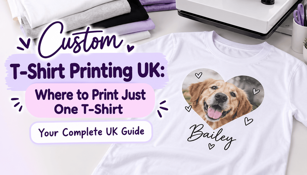 Custom T-shirt printing UK guide showing a personalised photo T-shirt in a printing workspace