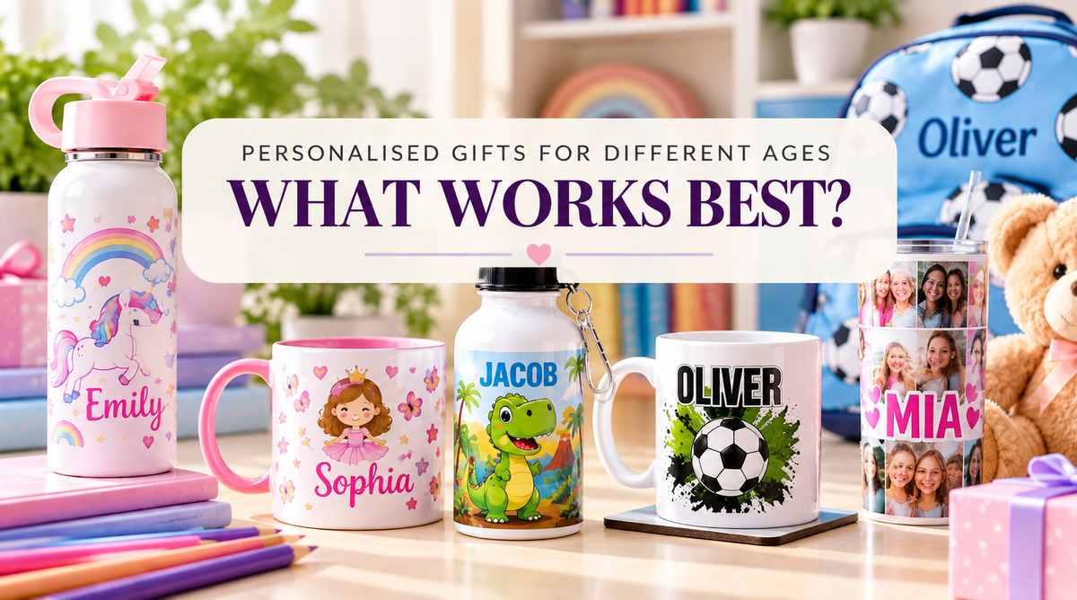 Personalised gifts for different ages including name mugs, water bottles and photo drinkware