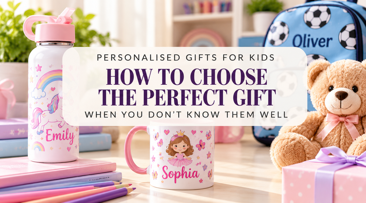 Personalised kids gifts including a name mug, water bottle, teddy bear and school bag