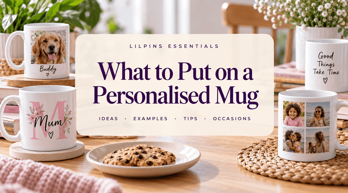 Personalised mugs with photo, name and message ideas in a lifestyle setting