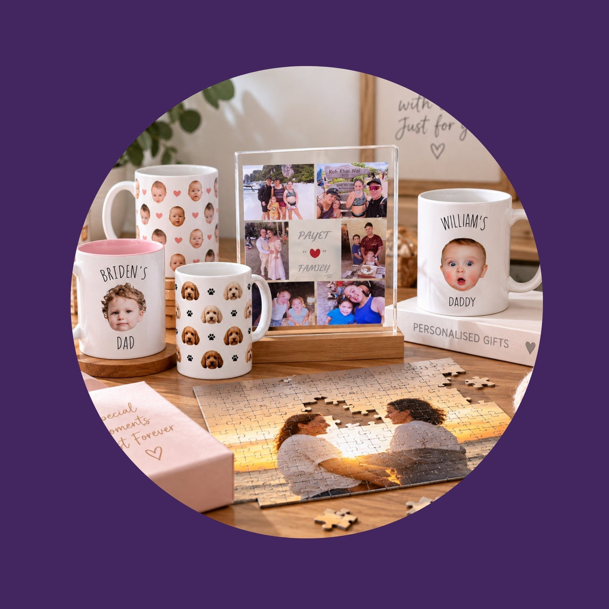 Personalised photo gifts including custom mugs photo keepsakes and jigsaw puzzle