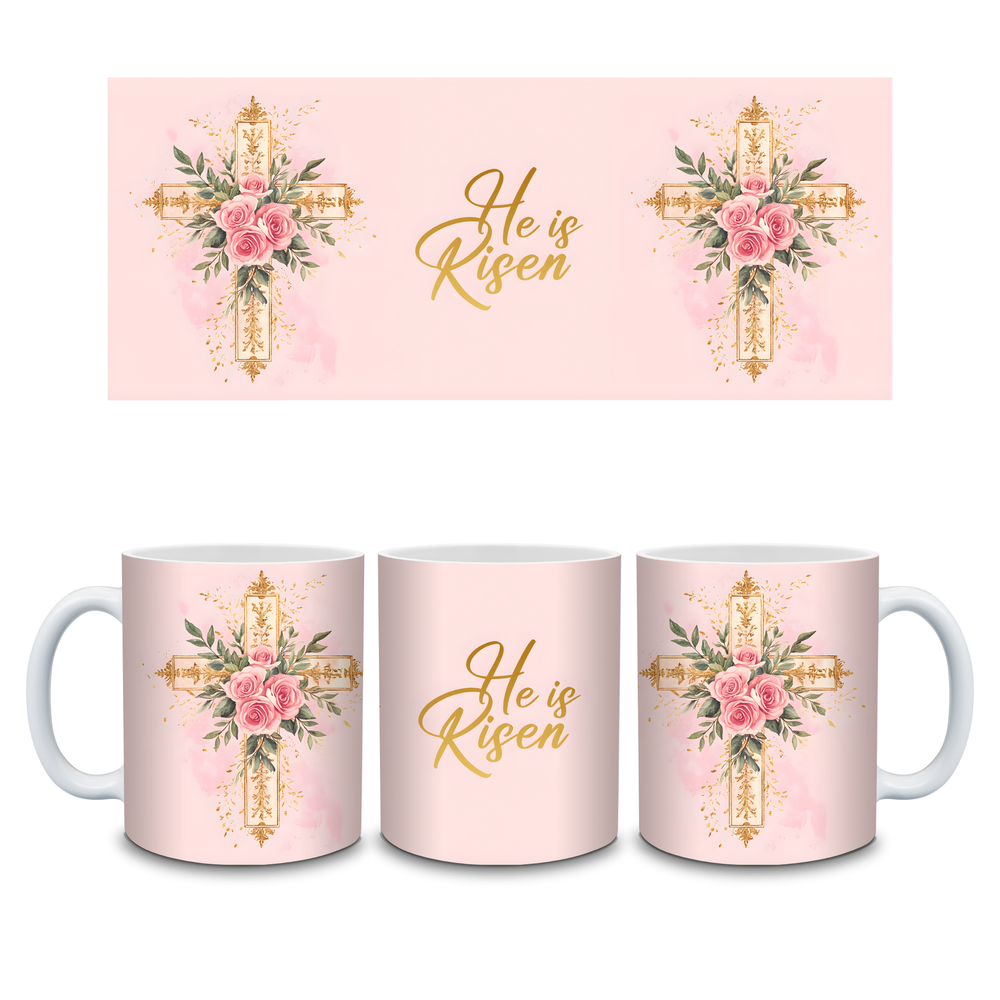 He Is Risen Easter Mug | Floral Cross Design