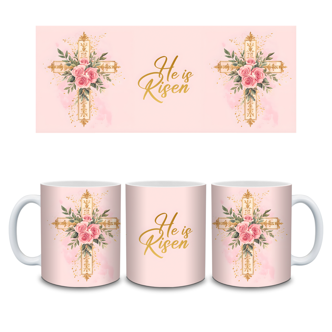 He Is Risen Easter Mug | Floral Cross Design