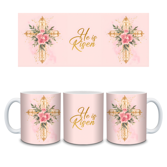 He Is Risen Easter Mug | Floral Cross Design