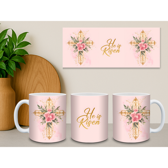 He Is Risen Easter Mug | Floral Cross Design