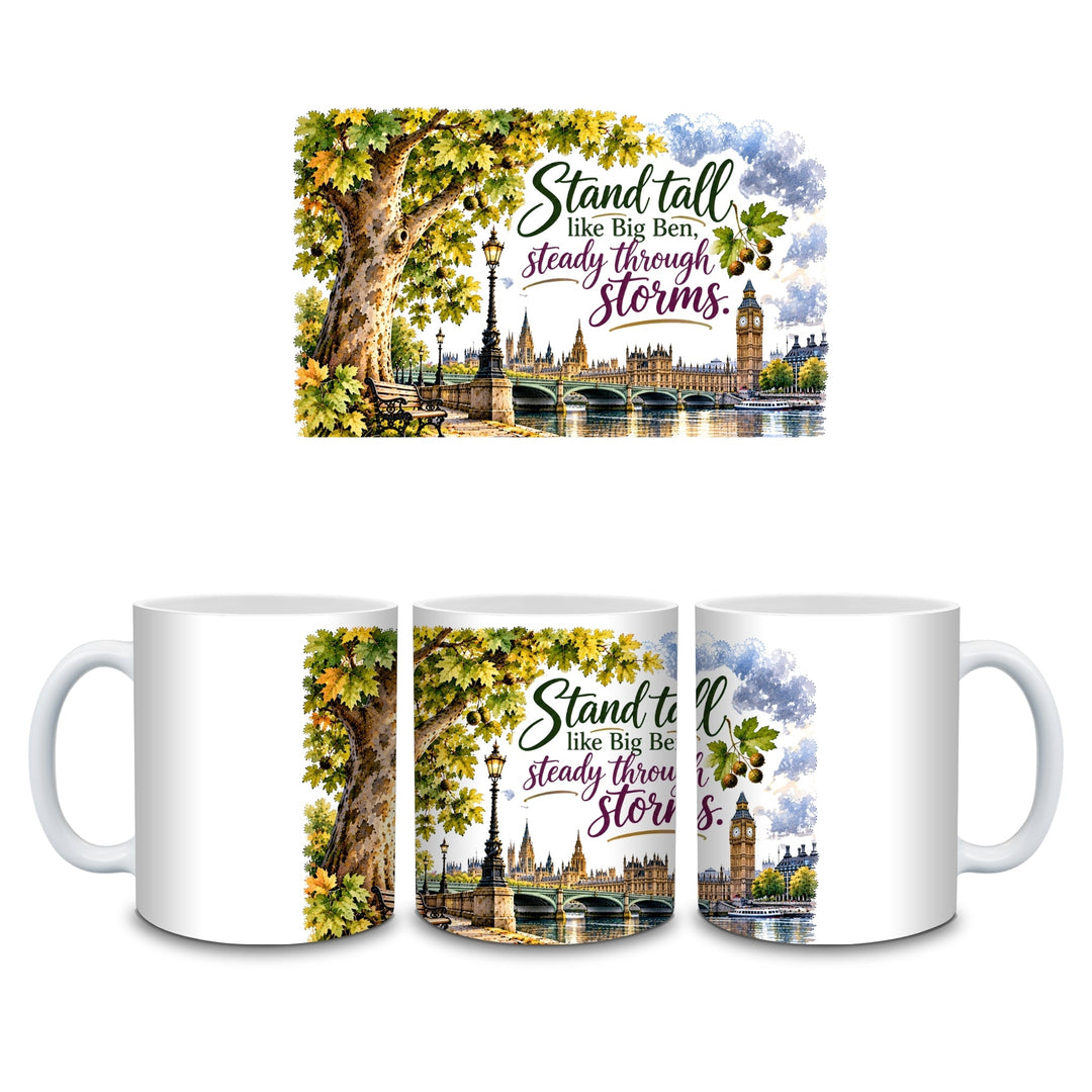 Stand Tall Through Storms motivational mug with Big Ben and London-inspired artwork