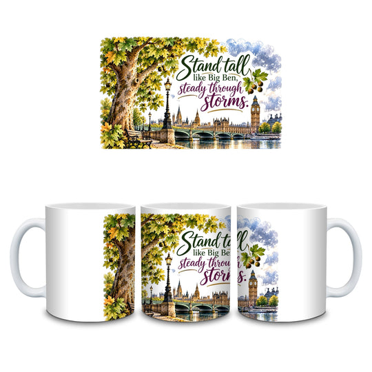Stand Tall Through Storms motivational mug with Big Ben and London-inspired artwork