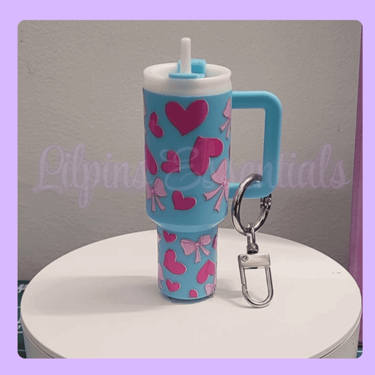 Blue mini tumbler keychain with pink hearts and bows