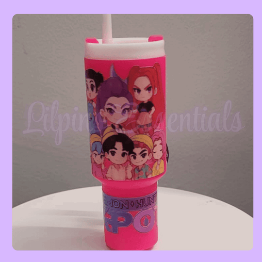 Pink mini tumbler keychain with character design