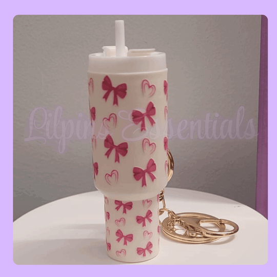Mini tumbler keychain with pink bow and heart pattern