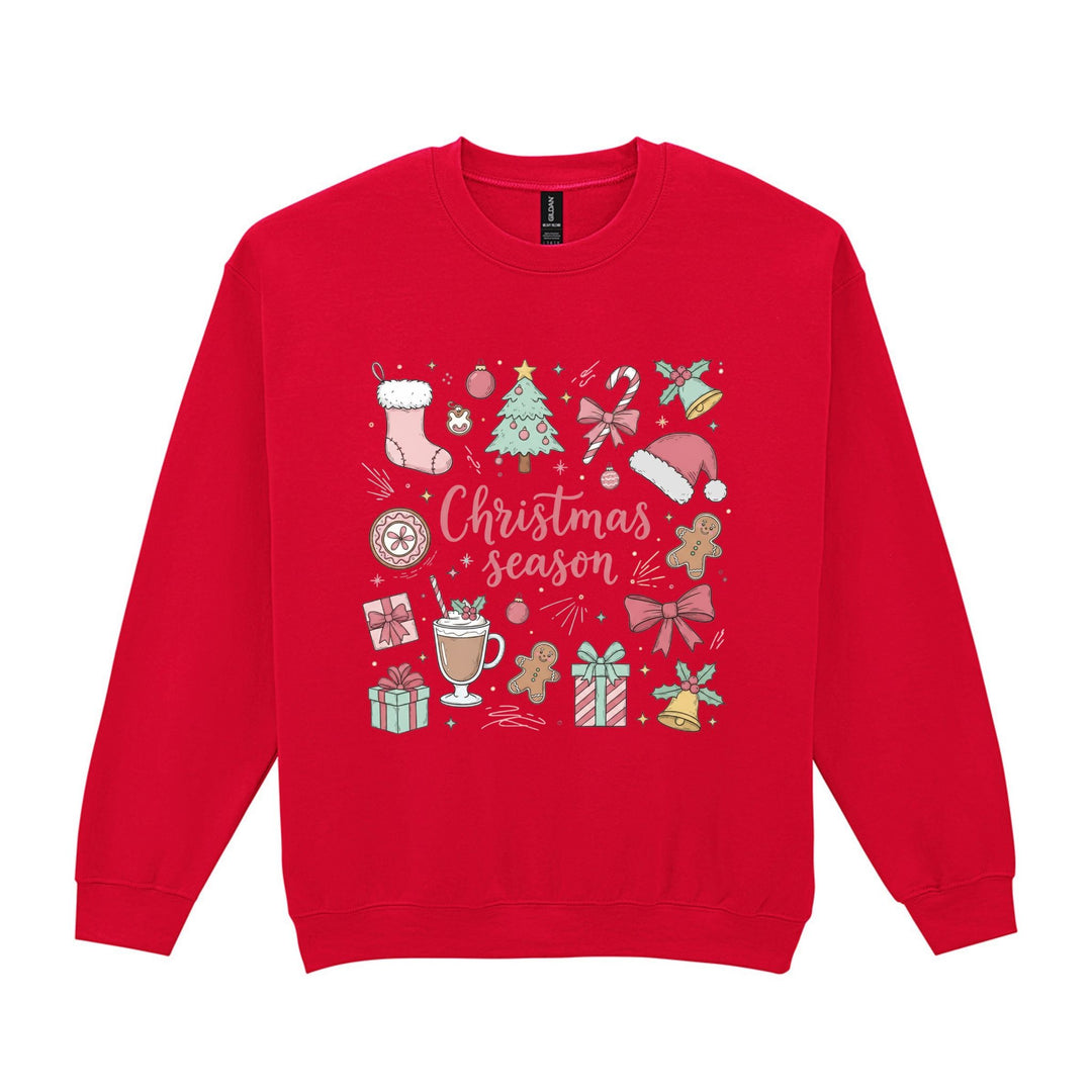 Black Christmas season sweatshirt with pink festive lettering, stockings, bows, gingerbread and gift illustrations