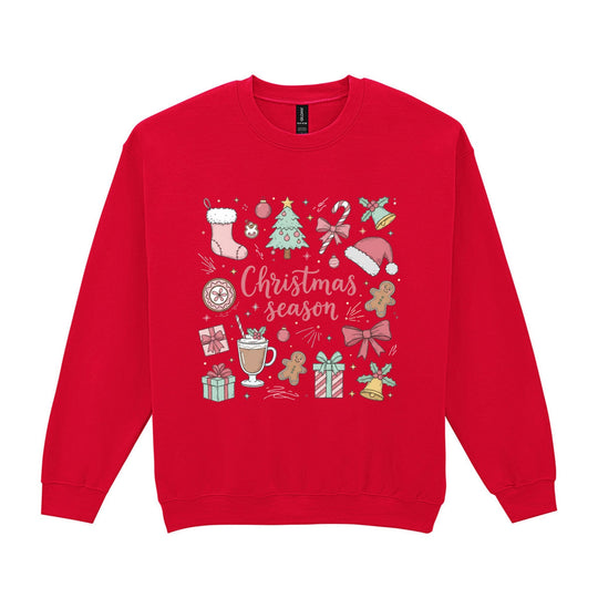 Black Christmas season sweatshirt with pink festive lettering, stockings, bows, gingerbread and gift illustrations