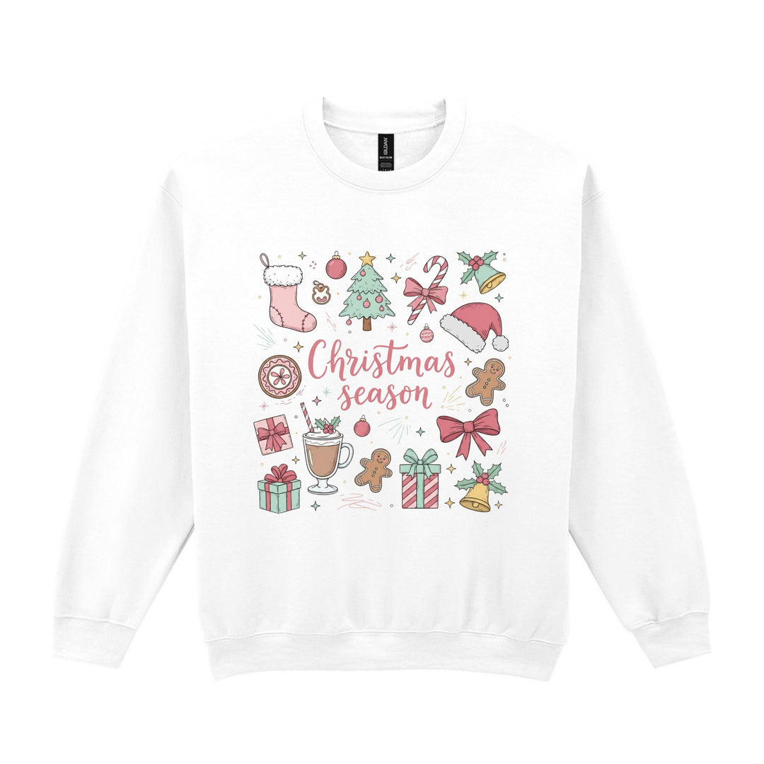 Forest green Christmas season sweatshirt with pink festive icons and Christmas season wording