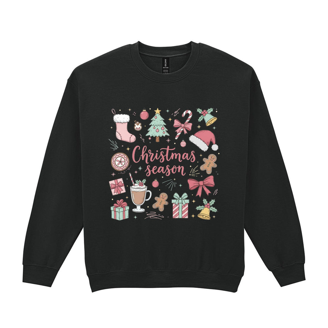 Red Christmas season sweatshirt with pink Christmas lettering, candy cane, gingerbread and gift design