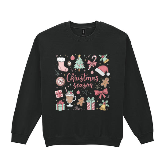 Red Christmas season sweatshirt with pink Christmas lettering, candy cane, gingerbread and gift design