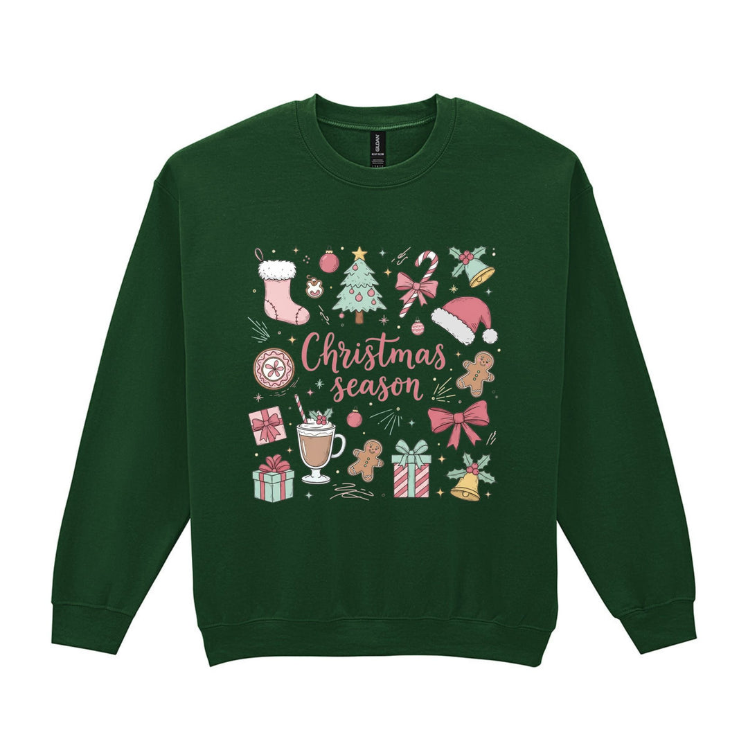 White Christmas season sweatshirt with pastel pink Christmas illustrations and festive lettering