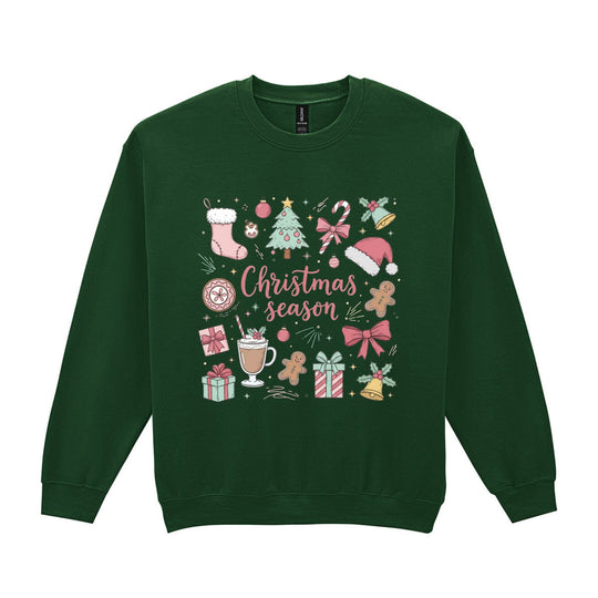 White Christmas season sweatshirt with pastel pink Christmas illustrations and festive lettering