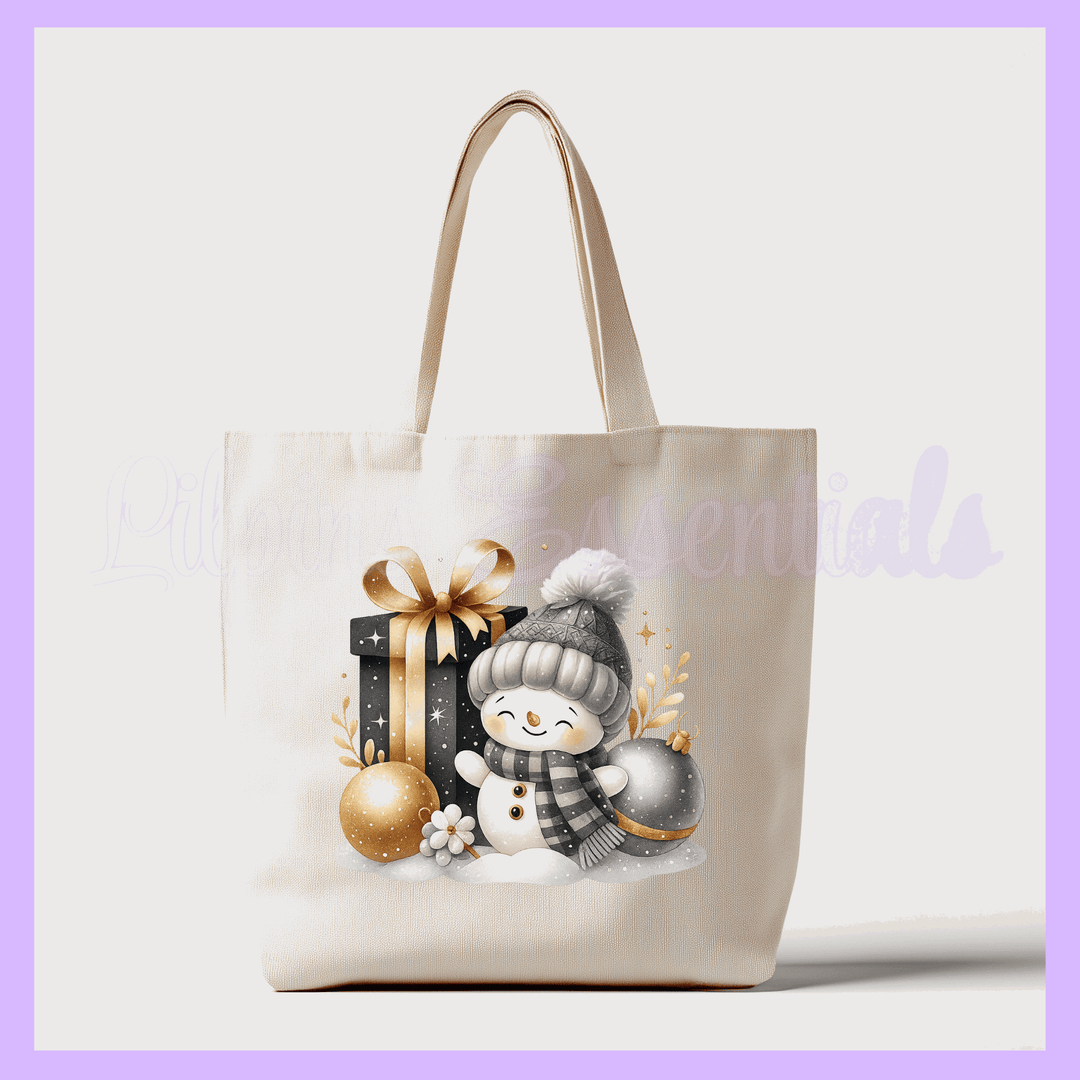 Tote bag with a snowman design featuring a gift and ornaments 