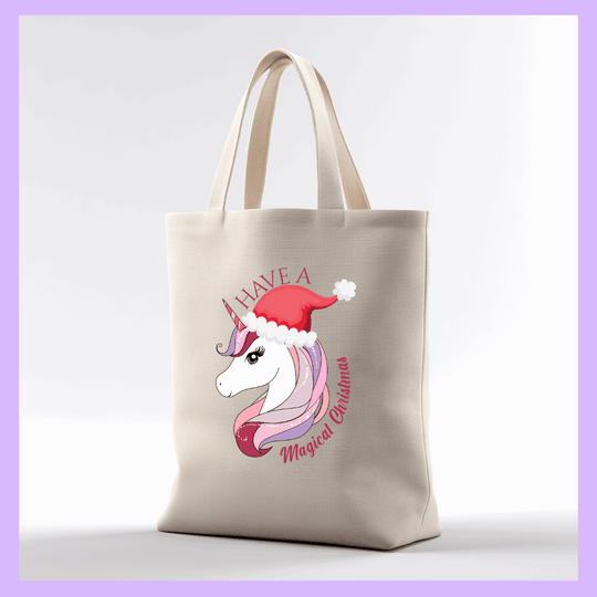 Tote bag with a unicorn wearing a Santa hat with Magical Christmas text