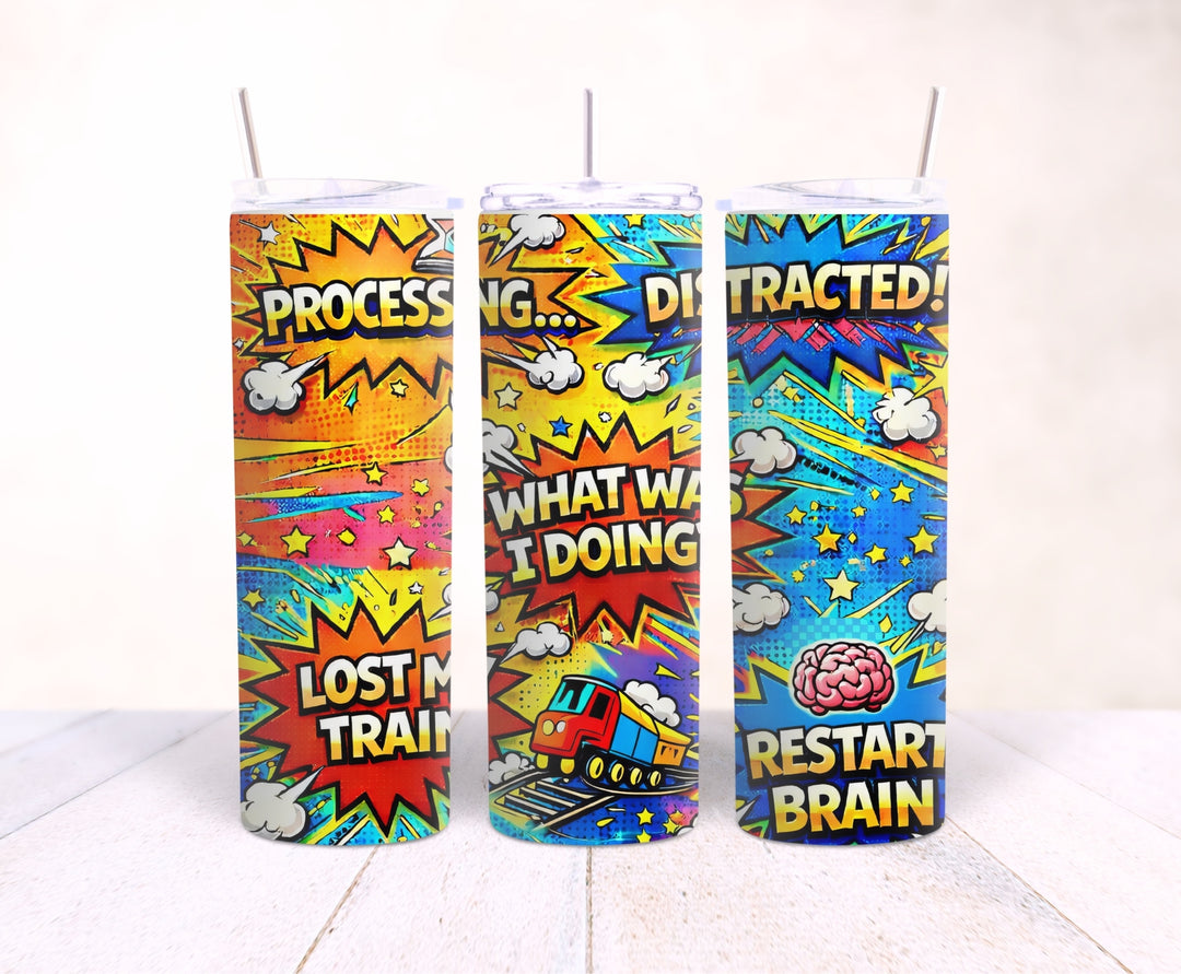 Distracted Brain comic style 20oz stainless steel tumbler
