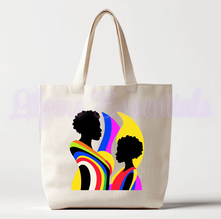 Personalised beige canvas tote bag with colourful mother and child artwork