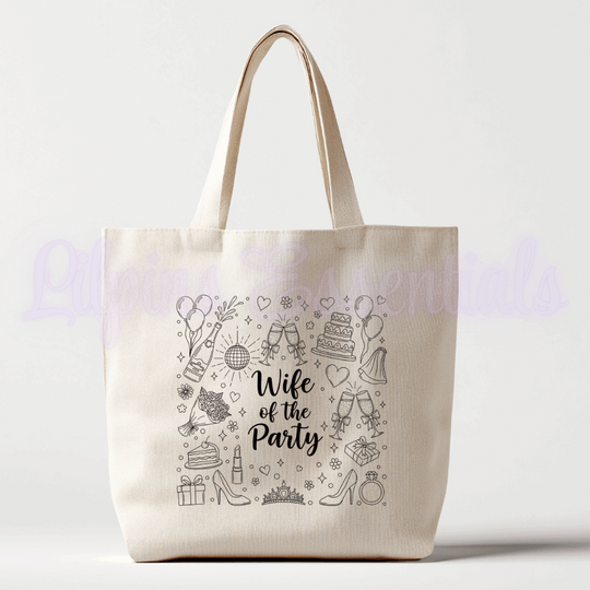 Personalised beige canvas tote bag with Wife of the Party hen design
