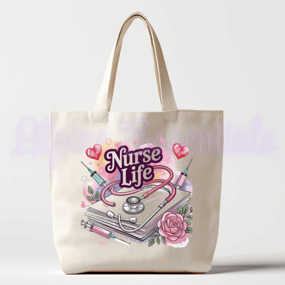 Personalised beige canvas tote bag with pink Nurse Life design