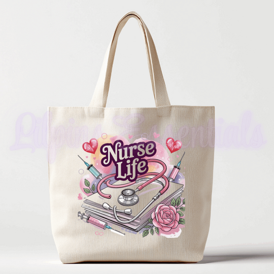 Personalised beige canvas tote bag with pink Nurse Life design