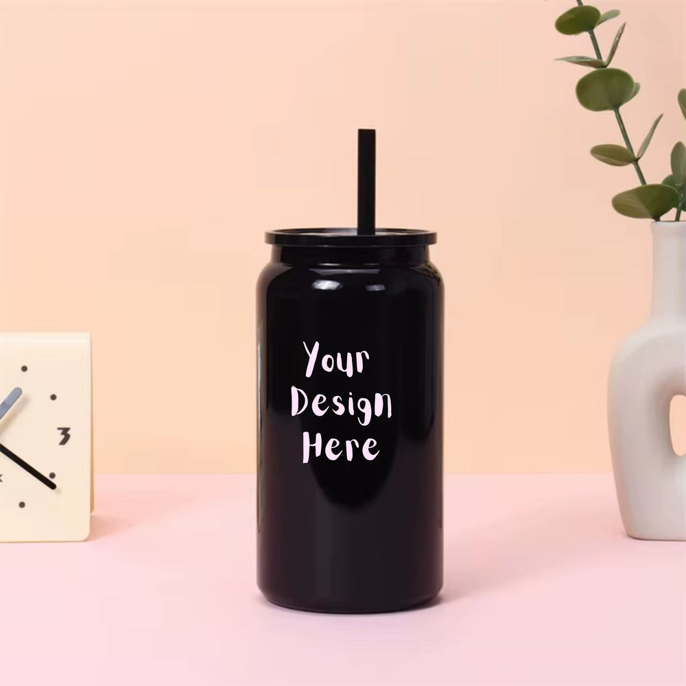 Custom 16oz black stainless steel tumbler with straw and upload your own design example
