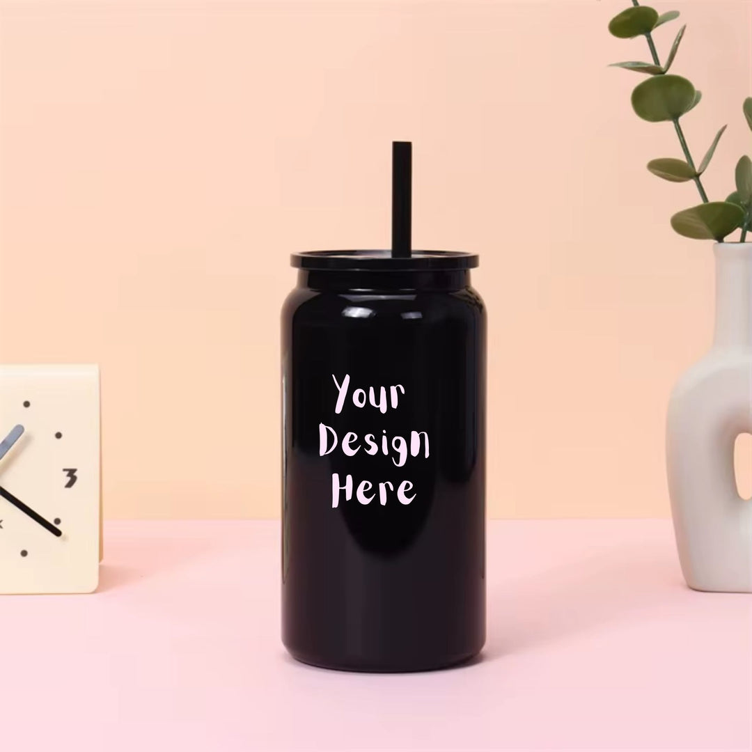 Custom 16oz black stainless steel tumbler with straw and upload your own design example