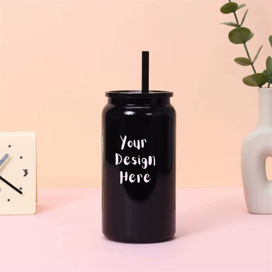 Custom 16oz black stainless steel tumbler with straw and upload your own design example