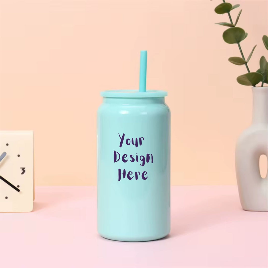 Custom 16oz light green stainless steel tumbler with lid and straw