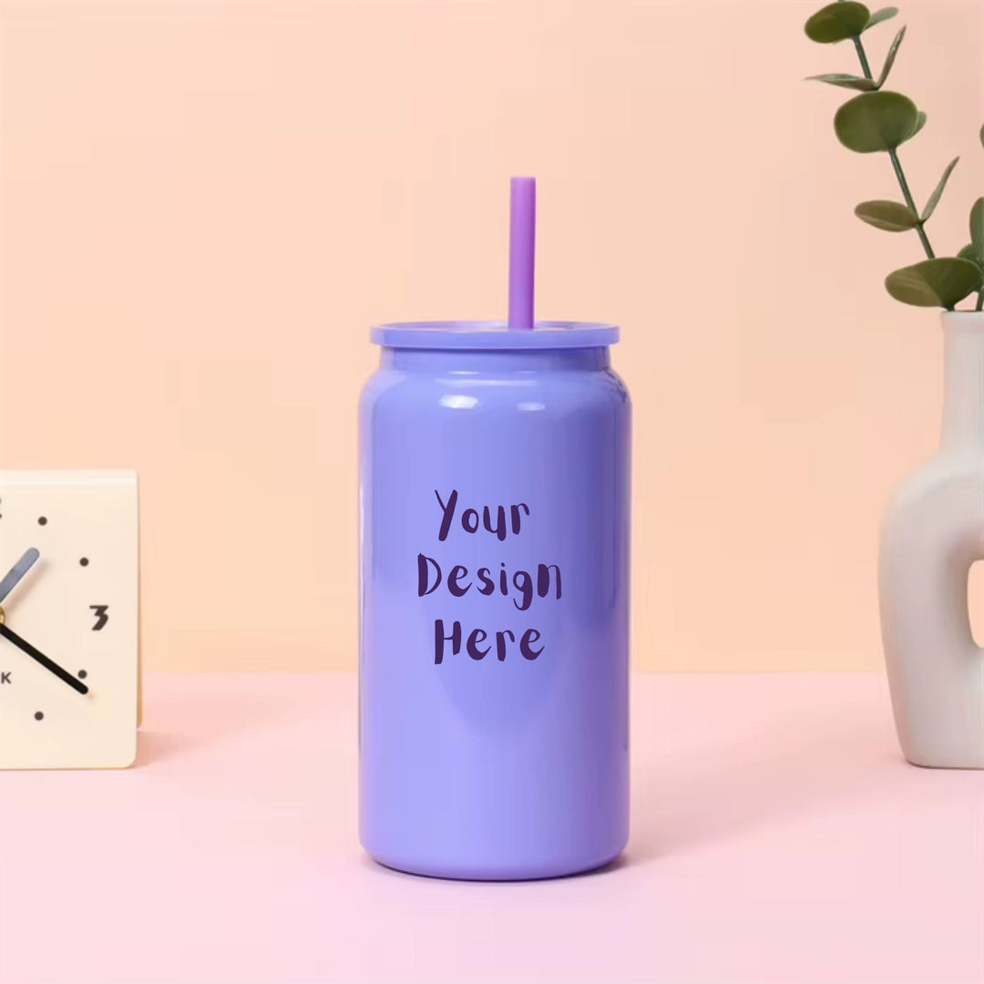Custom 16oz purple stainless steel tumbler with lid and straw