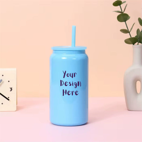 Custom 16oz sky blue stainless steel tumbler with lid and straw