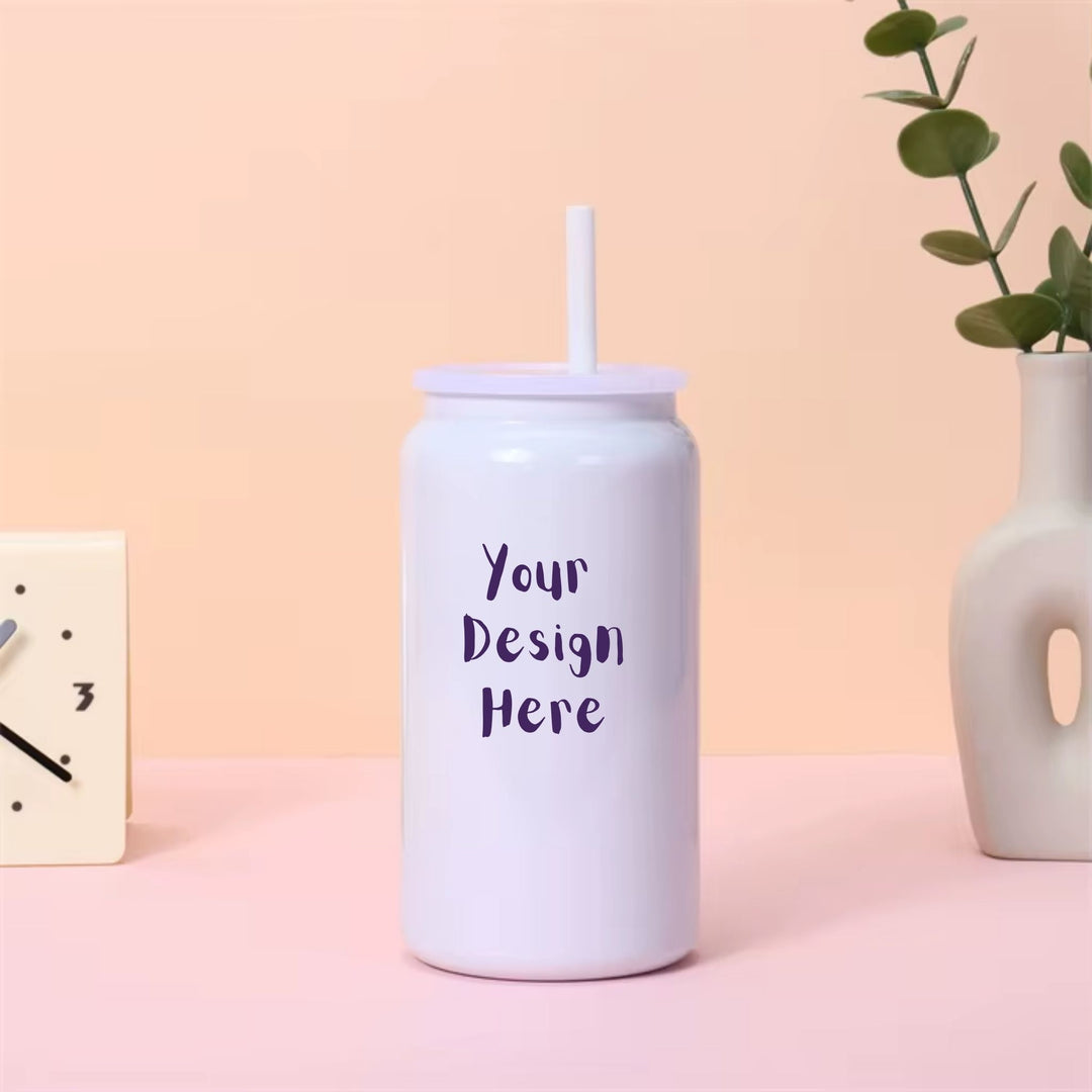 Custom 16oz white stainless steel tumbler with lid and straw