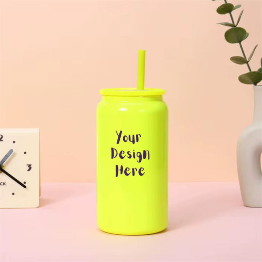 Custom 16oz yellow stainless steel tumbler with lid and straw