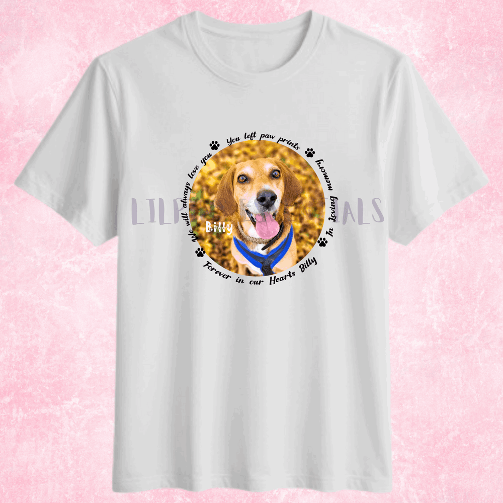 Custom pet memorial top with dog photo and name