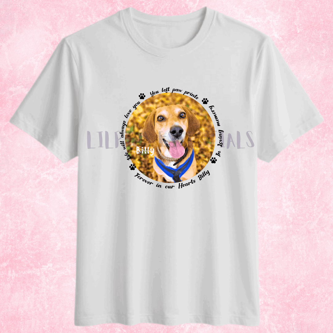 Custom pet memorial top with dog photo and name