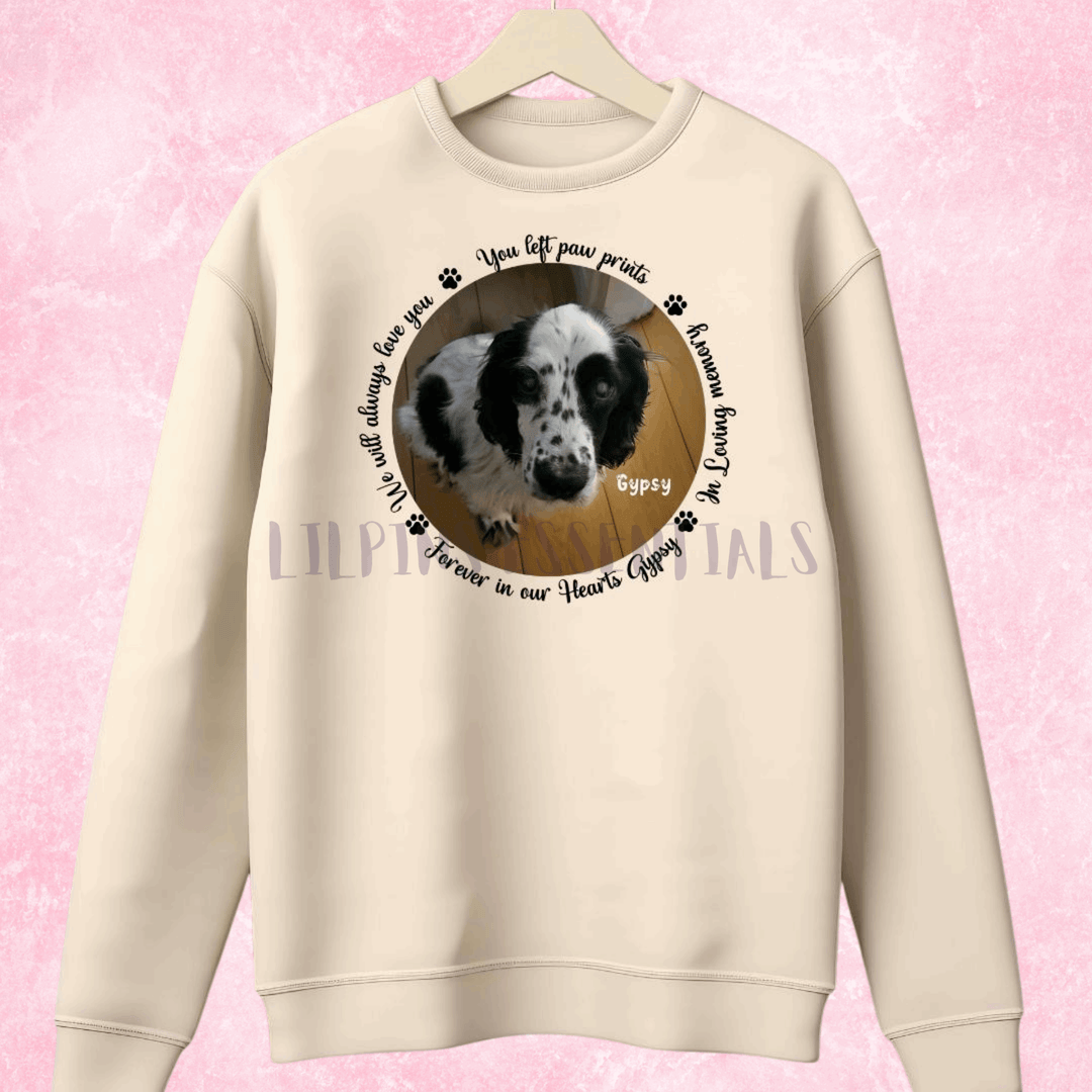 Personalised dog memorial T-shirt with pet photo and paw print tribute