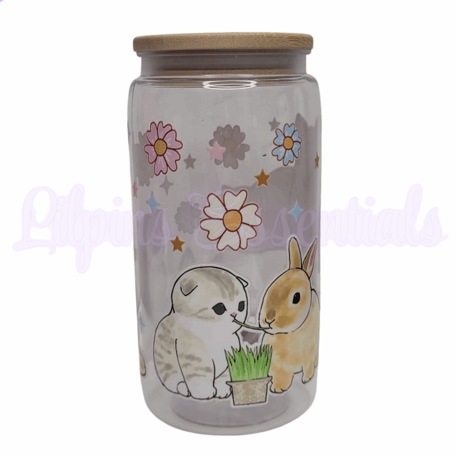 Cute kitten and rabbit 16oz reusable cold cup with straw