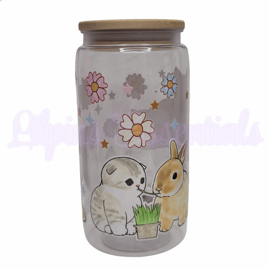 Cute kitten and rabbit 16oz reusable cold cup with straw