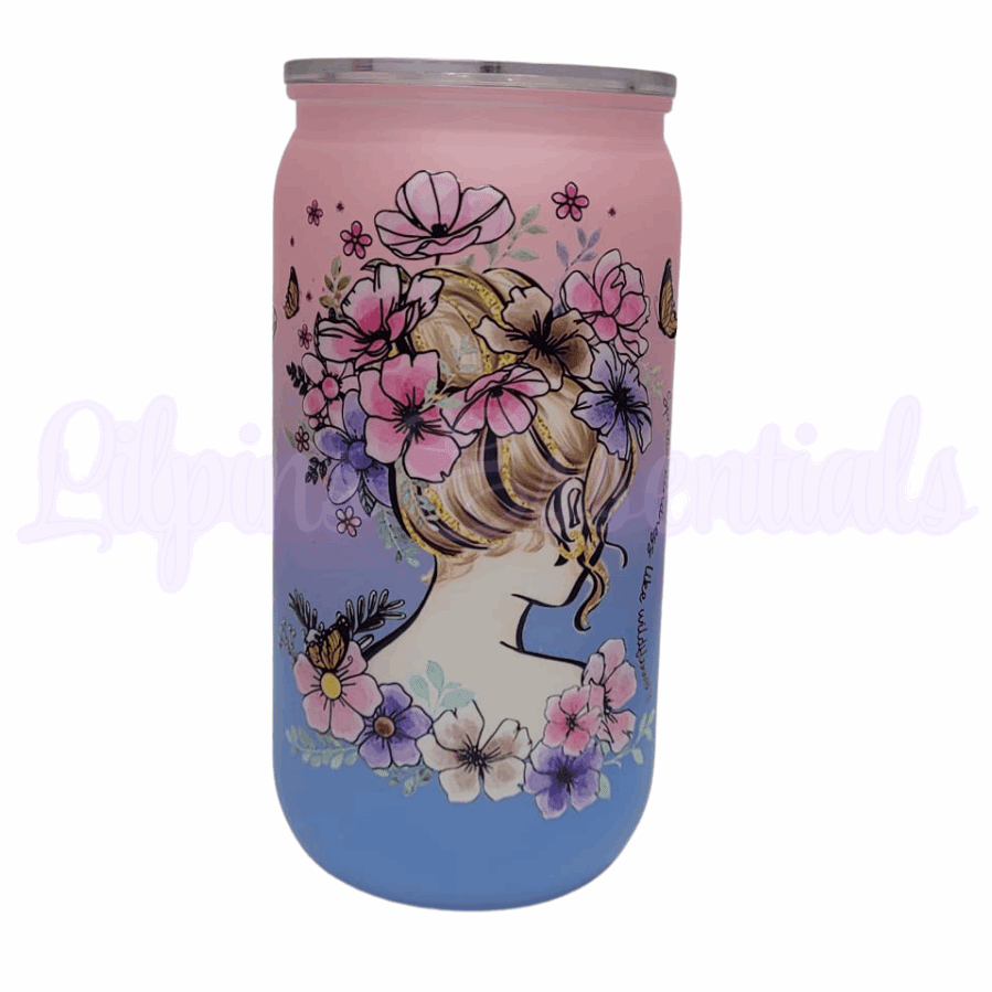 Floral Dream Girl ombre 16oz reusable cold cup with straw