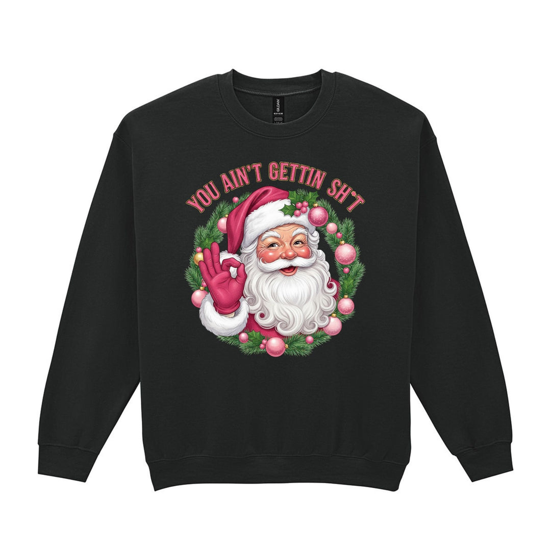Black Gildan unisex Christmas sweatshirt with Santa wreath and cheeky Christmas wording