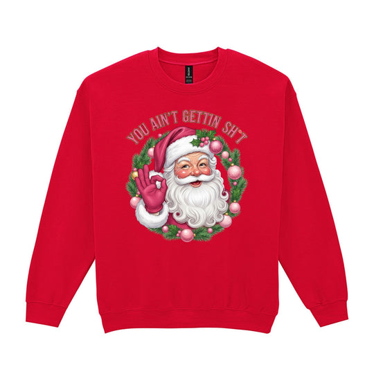 Red Gildan Christmas sweatshirt with funny Santa wreath design and cheeky festive slogan