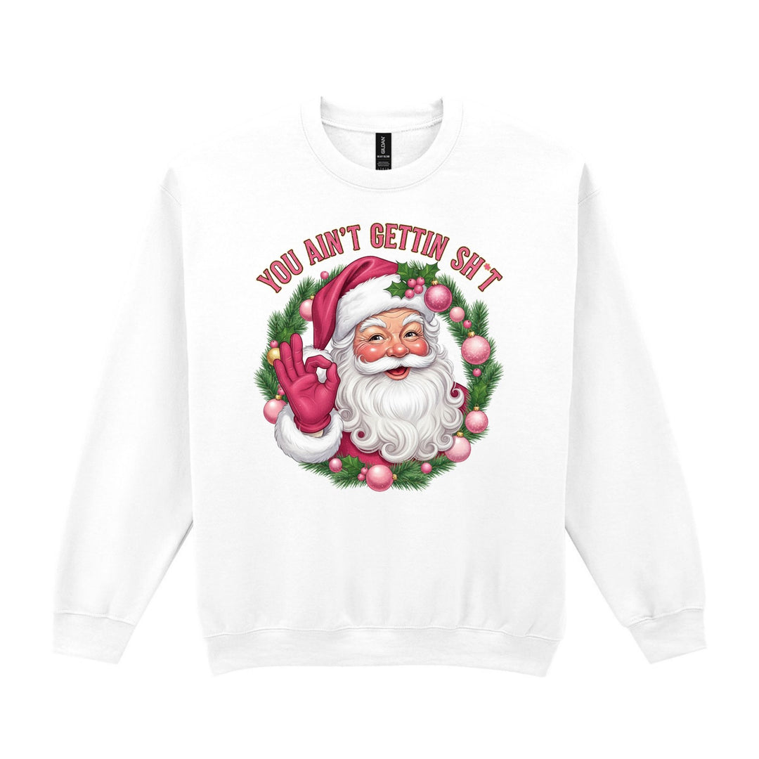 White Gildan Christmas sweatshirt featuring Santa in a festive wreath and rude Christmas slogan
