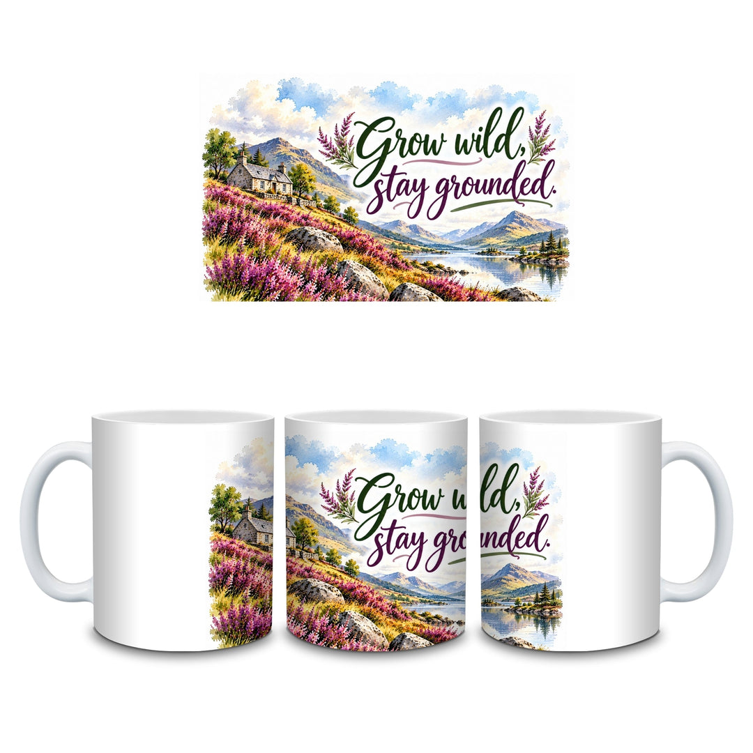 Grow Wild Stay Grounded motivational quote mug with Highland heather artwork