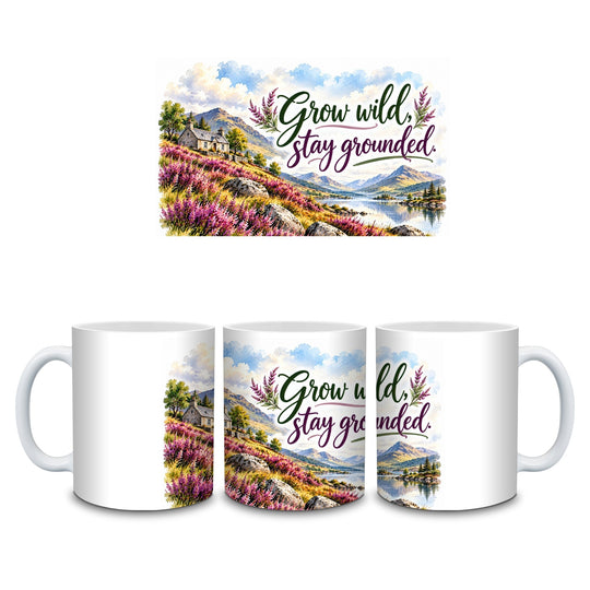 Grow Wild Stay Grounded motivational quote mug with Highland heather artwork