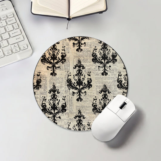 Halloween round mouse pad with ornate black damask on a distressed cream background