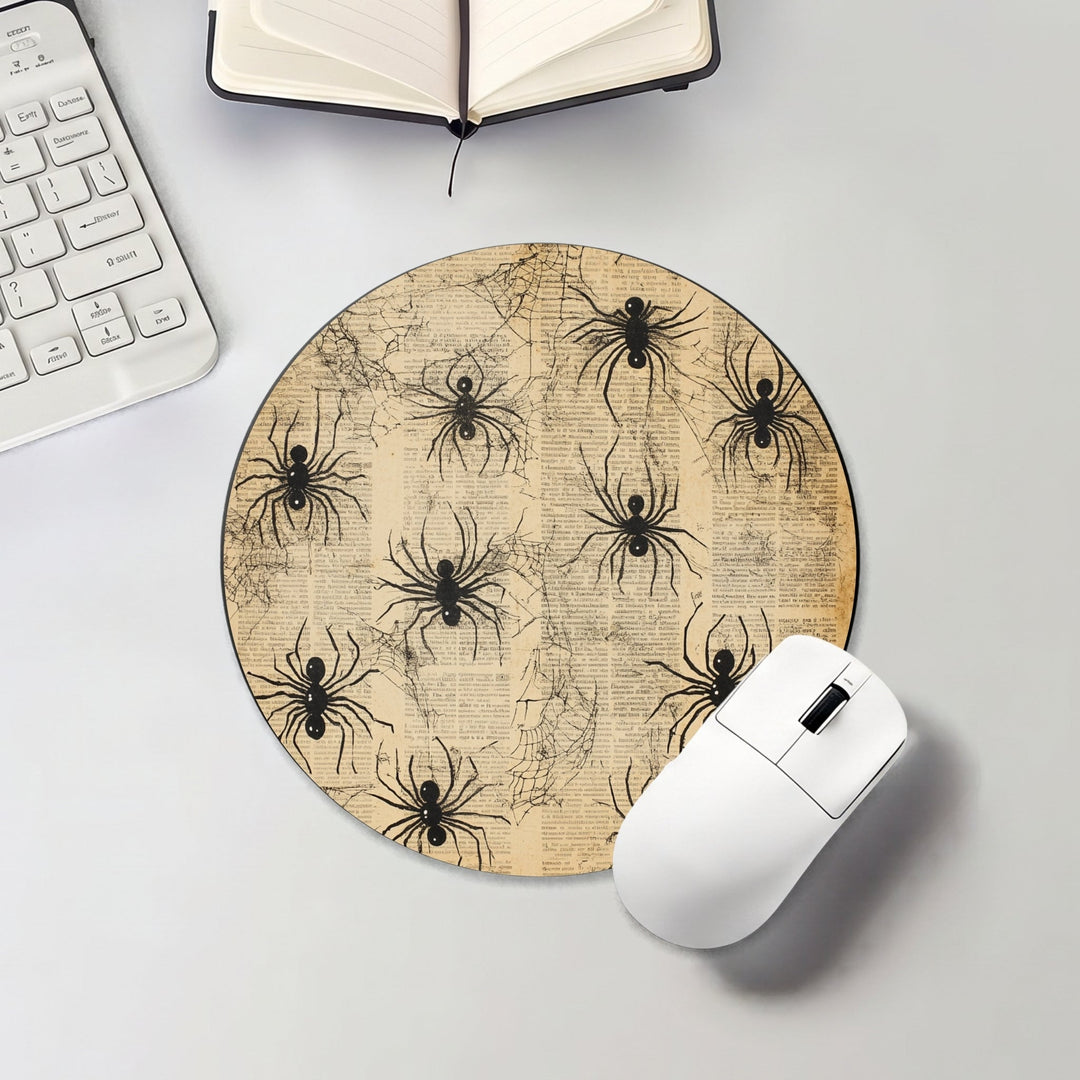Halloween round mouse pad with black spiders on a vintage cream background