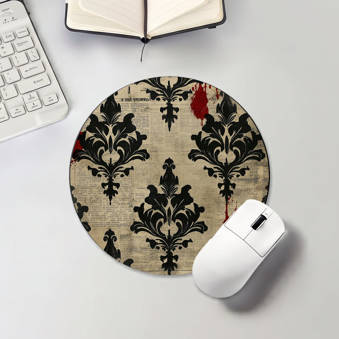 Halloween round mouse pad with black damask motifs and red floral accents